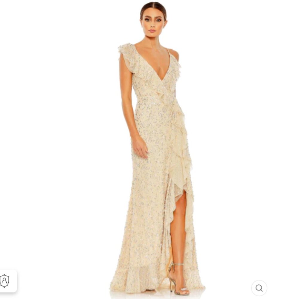 EMBELLISHED RUFFLED FAUX WRAP SLEEVELESS GOWN COLOR—Nude Size 10,4 New With Tags